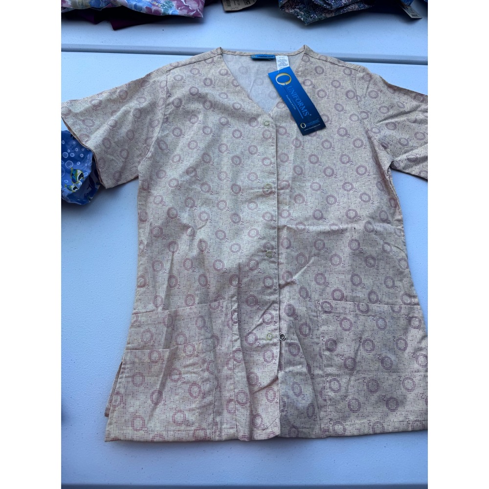 O2 Uniforms Womens Scrub Top XS Tan Purple Geometric Circle Snap Front Cotton